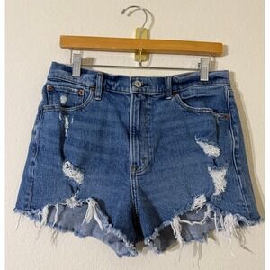 Abercrombie & Fitch High Rise The Mom Shorts Blue Distressed Raw Hem Size 8